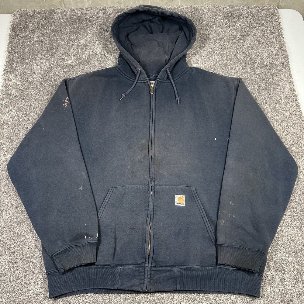 Vintage Carhartt Sweatshirt Hoodie Full Zip Faded Distressed Navy Blue Size XL